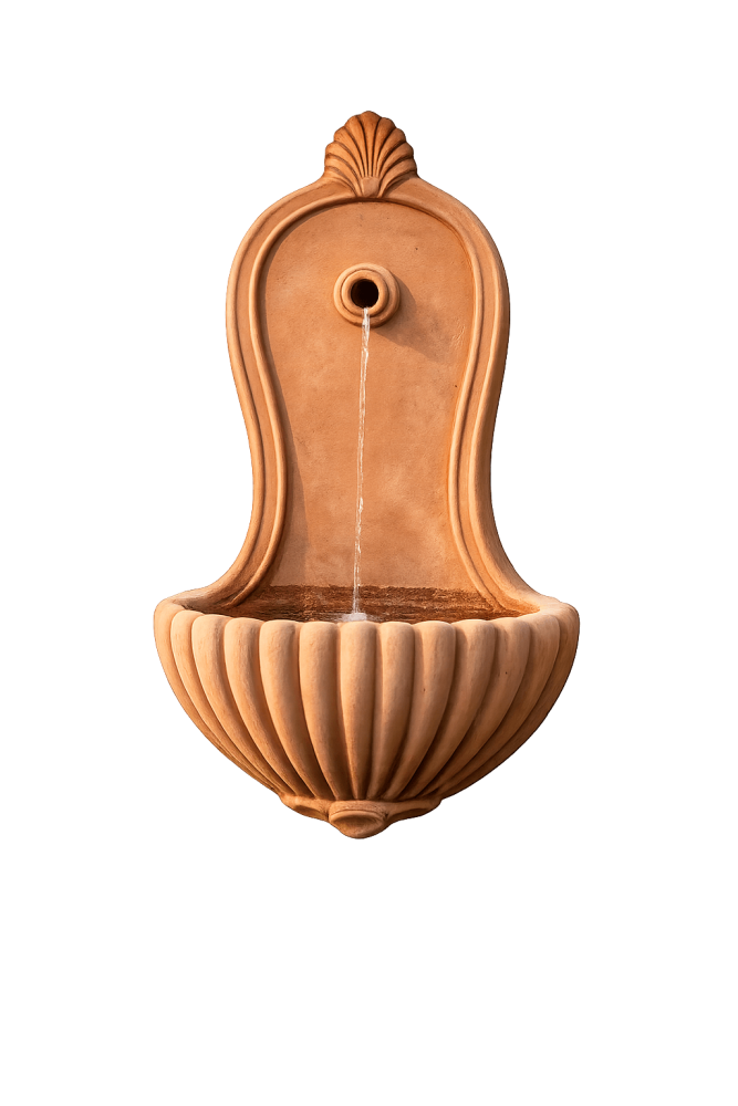 Fontaine murale en forme de coquille en terracotta d’Impruneta