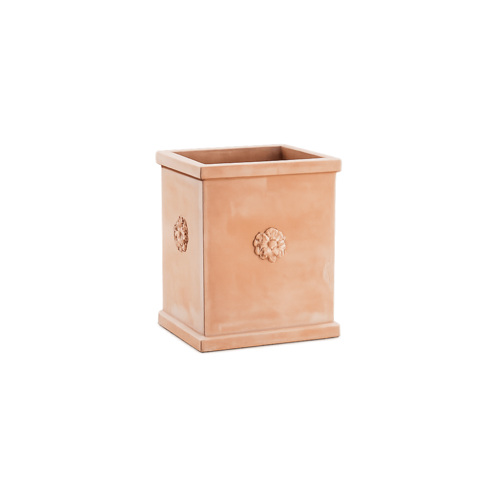 Pilone con rosette – bac à fleurs rectangulaire haut en terre cuite d’Impruneta, élégance classique italienne