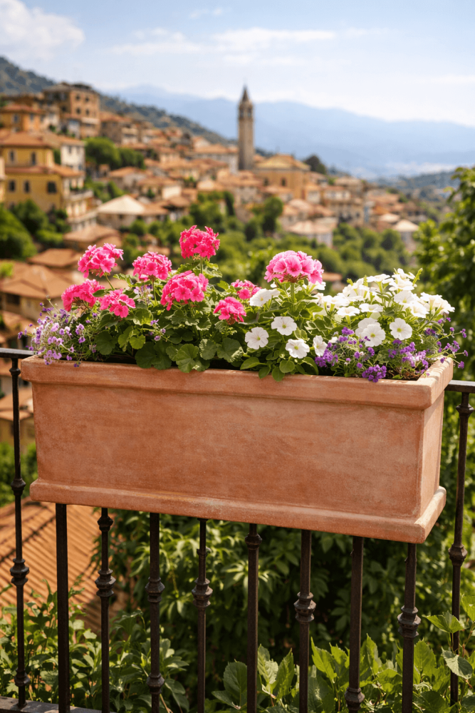 Bac à fleurs rectangulaire classique en terre cuite d’Impruneta – élégance intemporelle et qualité artisanale