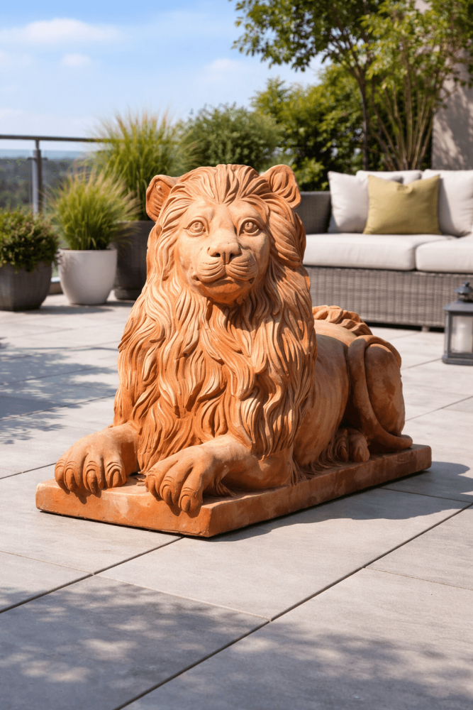 Grand Lion couché en terre cuite d’Impruneta authentique – sculpture de jardin majestueuse