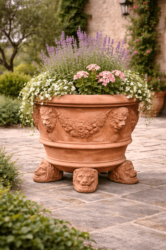 Supporto Leone – pieds en terracotta Impruneta avec tête de lion décorative