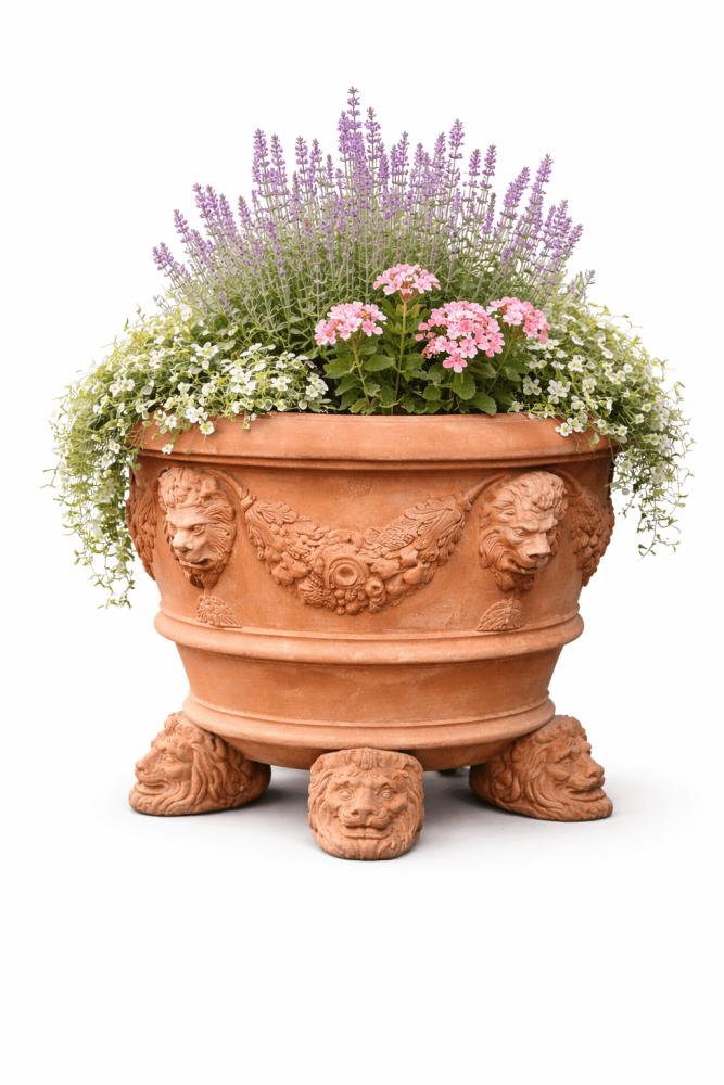 Supporto Leone – pieds en terracotta Impruneta avec tête de lion décorative