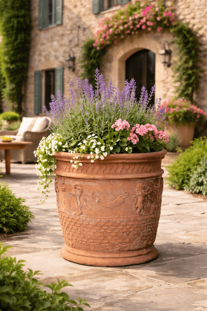 Pot cylindre en terracotta Impruneta avec lions dansants – art traditionnel italien