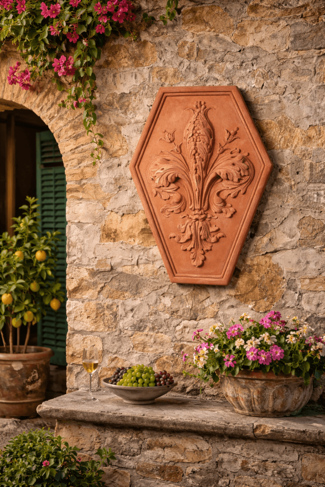 Relief mural en terre cuite d’Impruneta avec lys florentin