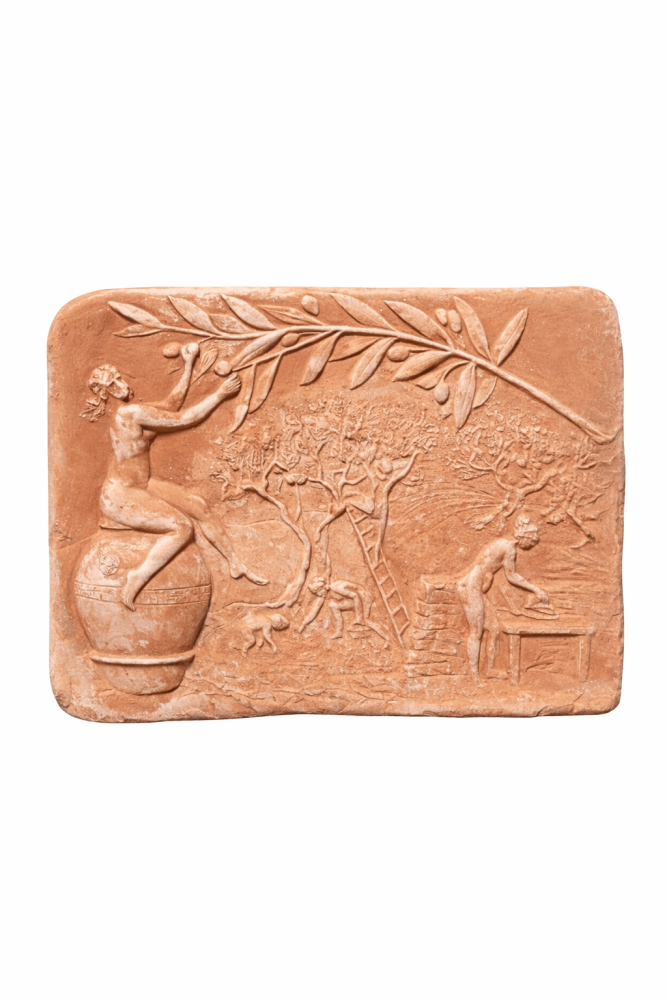 La Raccolta delle Olive – relief mural en terracotta d’Impruneta représentant la récolte des olives