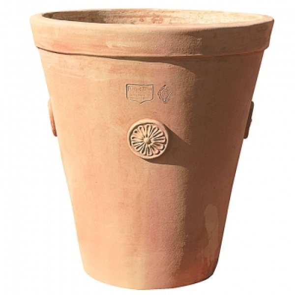 Pot rond en terre cuite d’Impruneta – rosaces décoratives et bord large classique