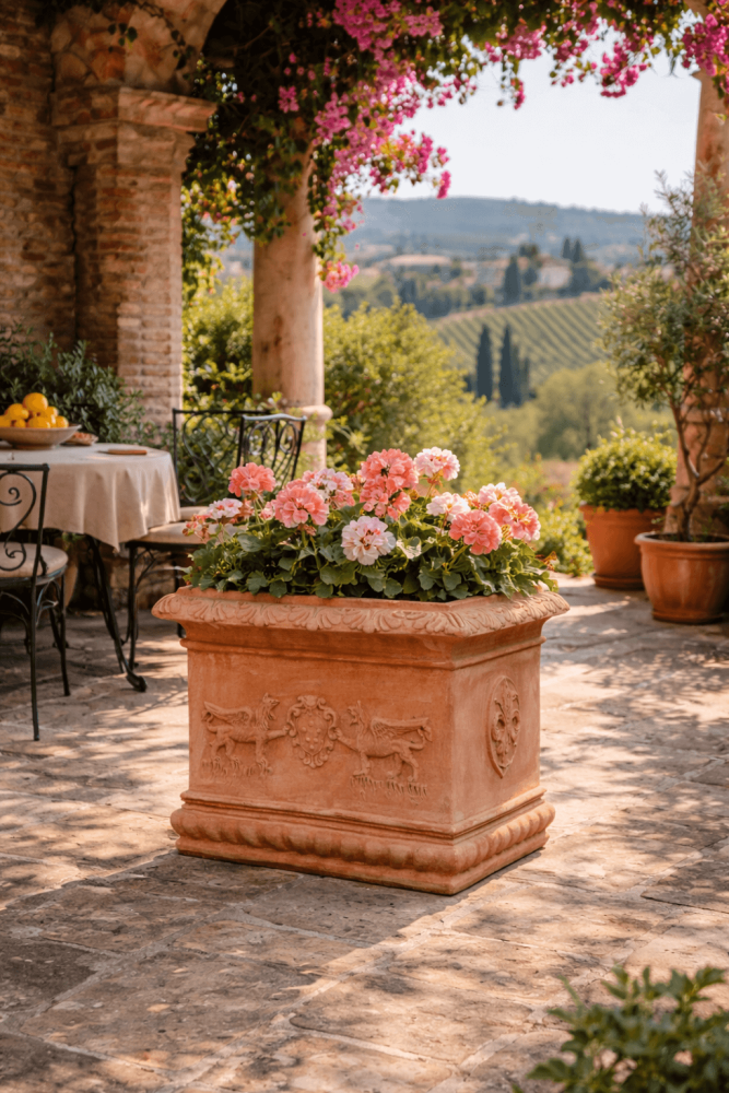 Bac à fleurs baroque en terre cuite d’Impruneta
