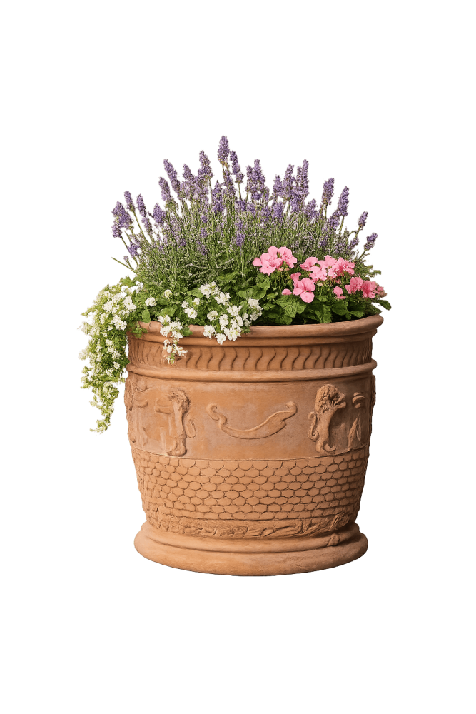 Pot cylindre en terracotta Impruneta avec lions dansants – art traditionnel italien