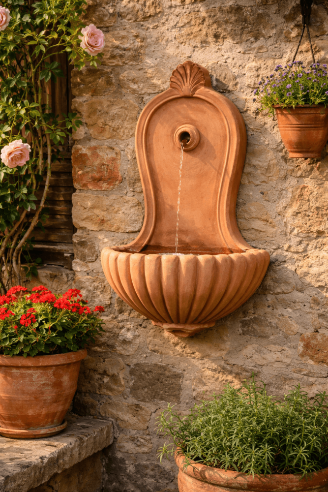 Fontaine murale en forme de coquille en terracotta d’Impruneta