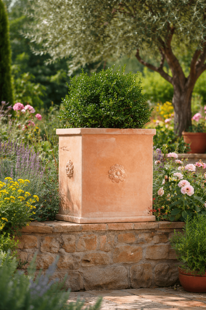 Pilone con rosette – bac à fleurs rectangulaire haut en terre cuite d’Impruneta, élégance classique italienne