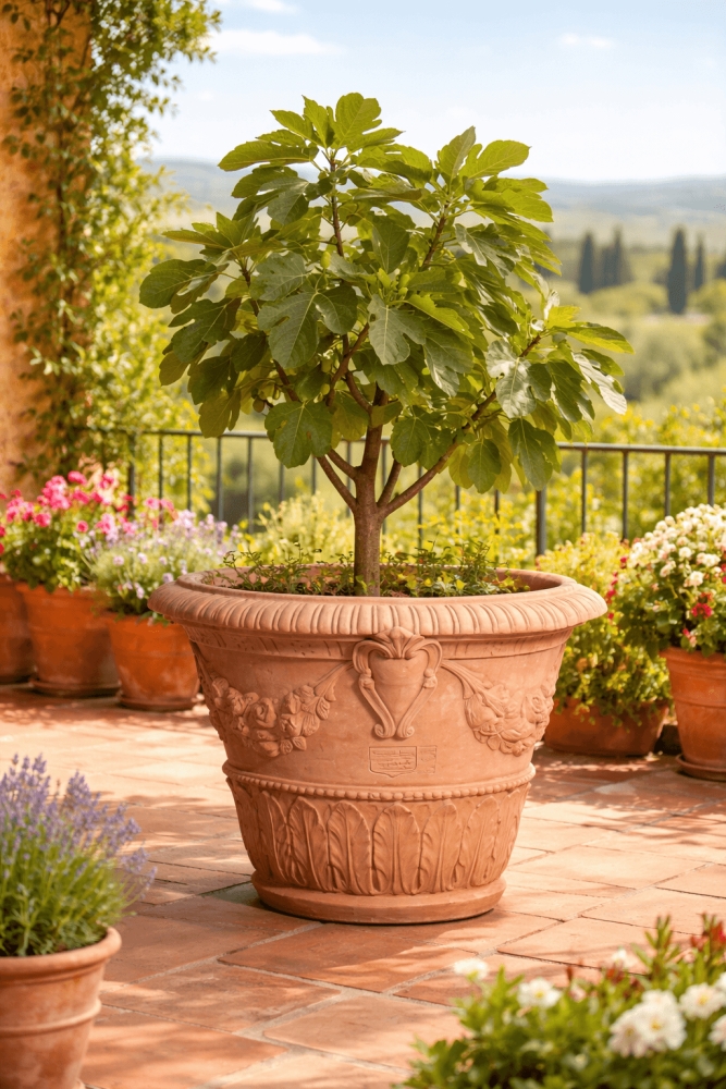 Pot en terre cuite Impruneta décoré 47 × 44 cm – jardinière artisanale résistante au gel