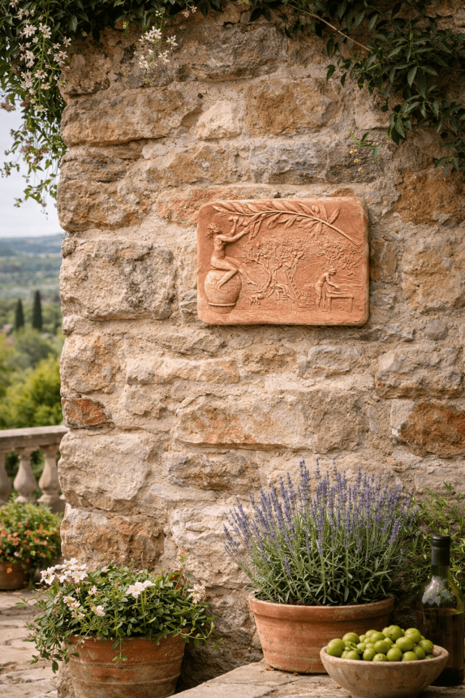 La Raccolta delle Olive – relief mural en terracotta d’Impruneta représentant la récolte des olives