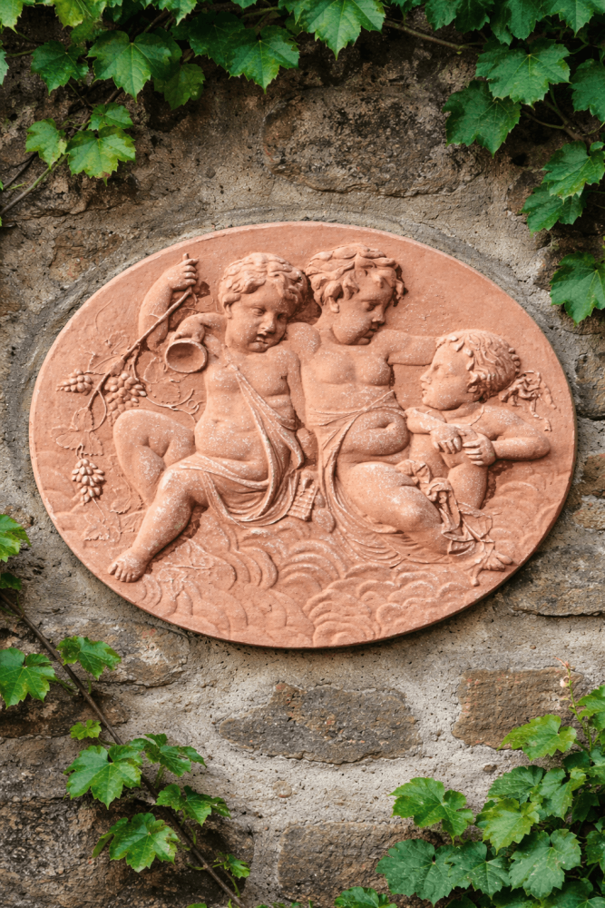 Impruneta – Relief mural en terre cuite avec putti, vignes et kantharos