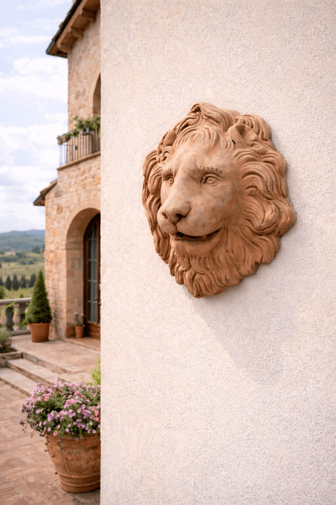 Testa di Leone – relief de tête de lion en terracotta d’Impruneta pour façade, jardin et intérieur