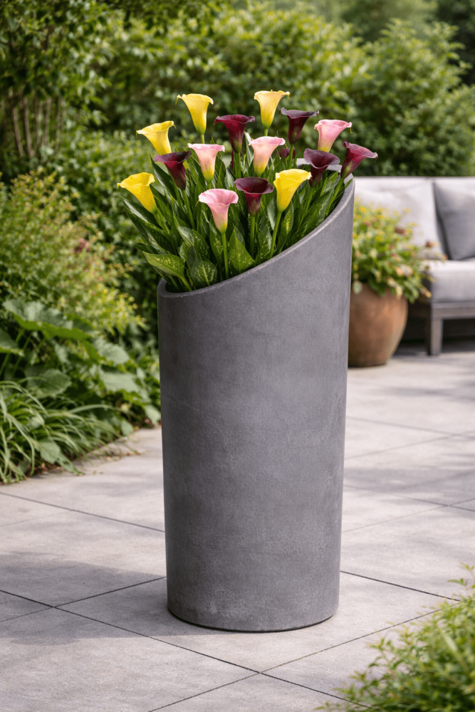 Pot en terracotta gris haut et moderne d’Impruneta – Design cylindrique asymétrique